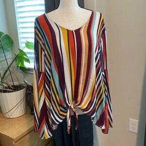 Peppermint Brown and Orange Bell Sleeve Tie Front Blouse